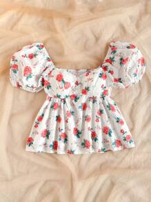 Soleia Western Wear Women, Corset Top For Women, Summer For Women, Summer Top, Vacation Women, Going Out Top Women, Concert Women, Rave Festival, Women's Romantic Floral Embroidered & Printed Puff Sleeve Ruffle Splicing Blouse With Tie Up Waist, Suitable For Vacation