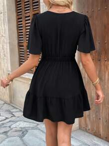Calvaya V-Neck Embroidered Waist Slimming A-Line Short Dress