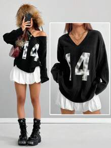 SHEIN EZwear Suéter de cuello en V negro con estampado de números Y2K para mujeres