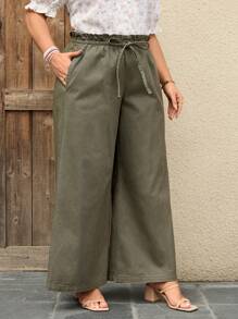 SHEIN LUNE Damen Jeans in Große Größen mit Taillenbindung, Taschen und weitem Bein, Lässig