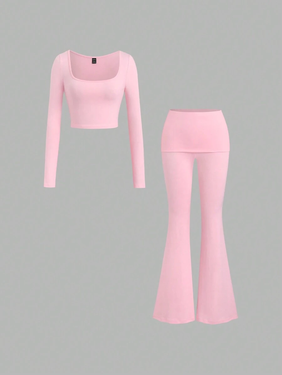 Sweetra 2 Stücke Damen Lässig eng anliegendes Set aus einfarbigem Top und Hose