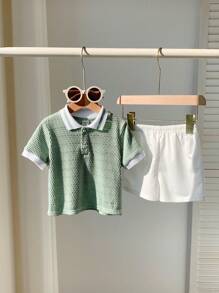 Set da 2 pezzi per neonati maschio/femmina, top a maniche corte con colletto polo a contrasto di colore e pantaloncini con vita elastica di colore unito