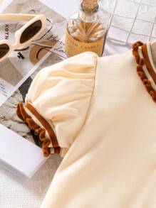 年轻女孩夏季休闲马球领泡泡袖小熊刺绣迷你连衣裙 - 黃色 - 查看 4