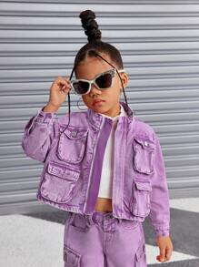 SHEIN Young Girl Y2K Cute Pink Denim Stand Collar Long Sleeve Multi-Pocket Jacket,Street Cool Style Clothes,Girl Fall And Winter Clothes