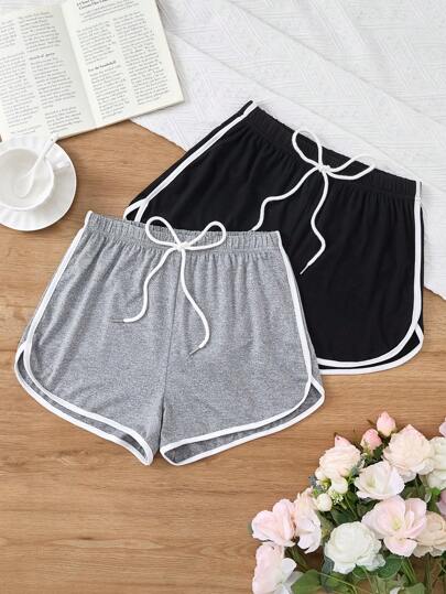 2pcs Women Casual Sports Contrast Binding Lounge Bottom Sleep Shorts Set