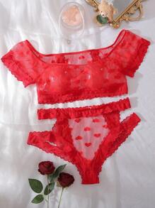 PetitDoll Set de 2 piezas de lencería sexy: Sujetador inalámbrico de encaje transparente con diseño de corazón y bragas sin entrepierna, talla grande, rojo intenso dulce
