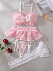 SHEIN 5pcs Romantic Floral Lace, Heart-Shaped, Ruched, Frill Trim, Big Bow Sexy Women Lingerie Set, Pinky For Valentine's Day - Pink - View 6