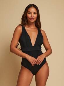 TryMe Elegant Solid Deep V-Neck Backless Bodysuit For Women - Black - View 5