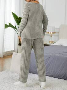 EMERY ROSE Set de 2 piezas con pantalones y top de manga larga acanalado de terciopelo casual con relleno incorporado en el pecho