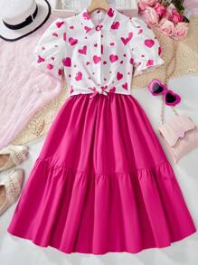 2pcs/Set Tween Girl Polka Dot Print Ruffle Strap Dress - Hot Pink - View 8