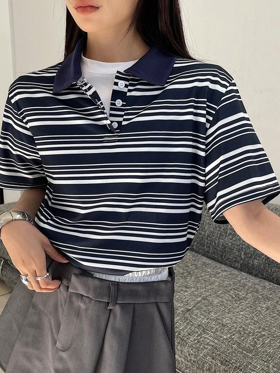 DAZY Women's Polo Collar Short Sleeve Casual Striped T-Shirt - Multicolor - View 1
