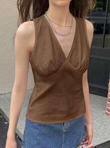 Jouncy Women's Solid Color V-Neck Sleeveless Casual Tank Top - Brown - View 5