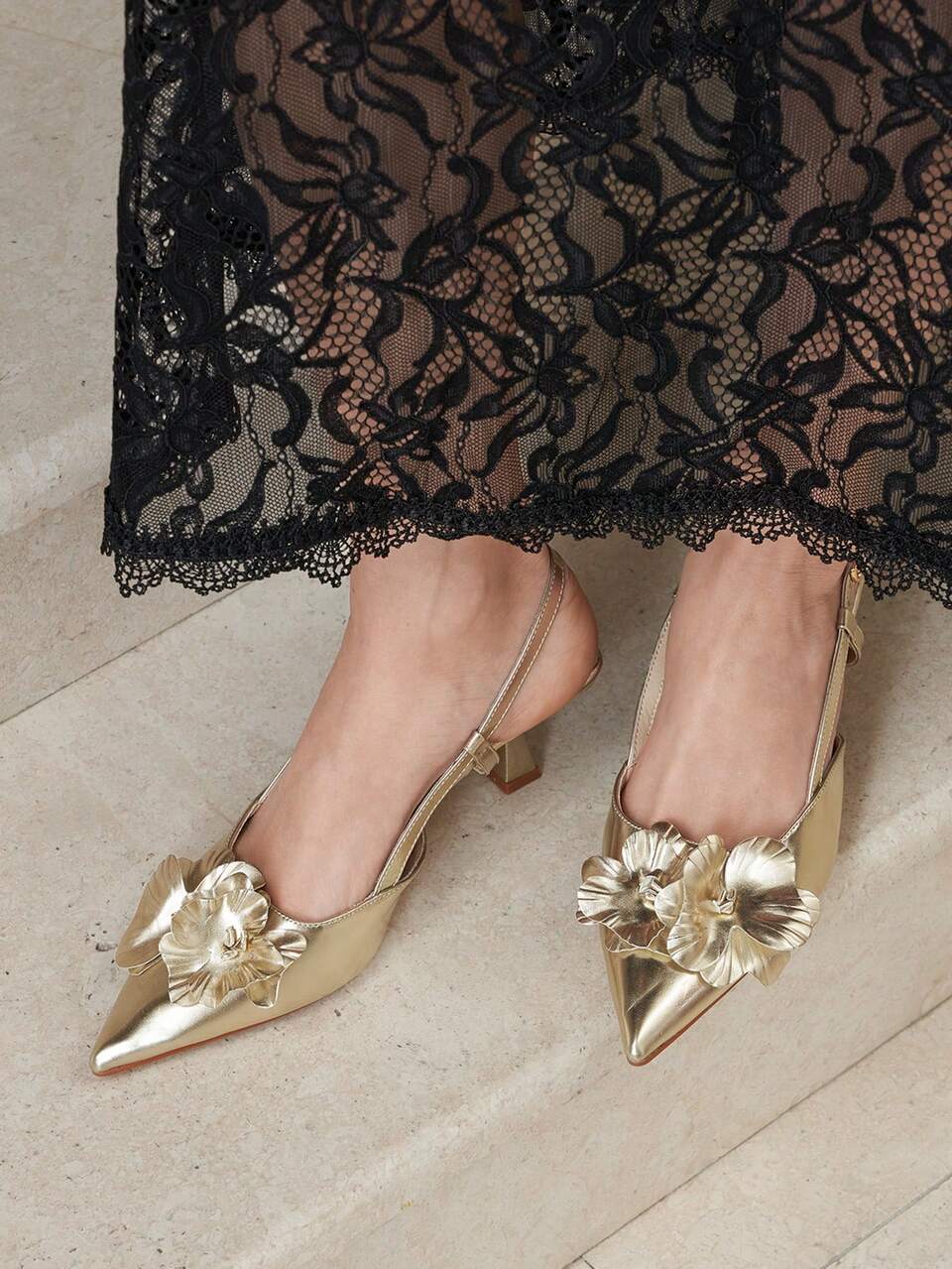 CUCCOO CHICEST Women's Pointed Toe Floral Mid Heel Pumps, Elegant Romantic Classic Gold Faux Leather Hollow Out Dates And Parties Summer Wedding Bride Shoes