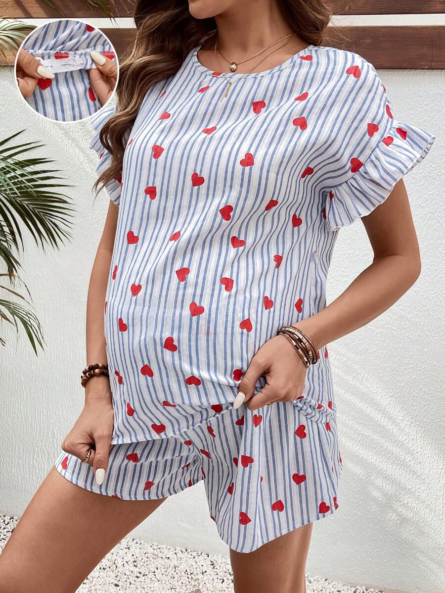 SHEIN Bohemian Ruffled Drop Shoulder Top And Adjustable Waist Wide Leg Shorts 2Pcs Maternity Set - Blue - View 1