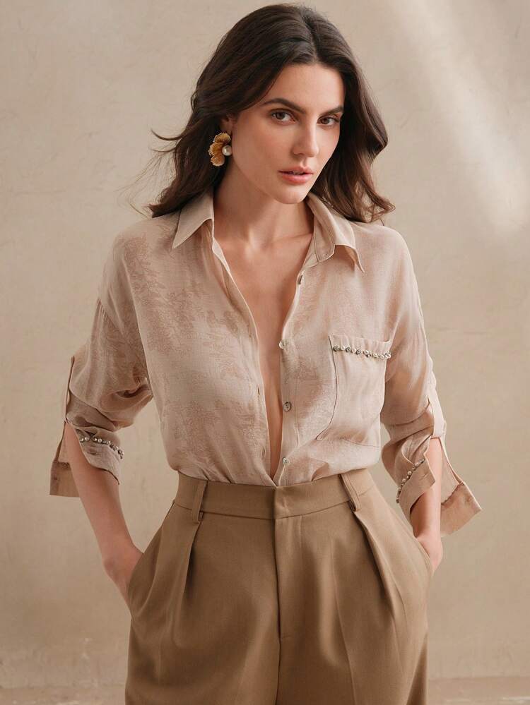 Chemise ample élégante classique en tissu tressé avec imprimé végétal, inspirée du "Old Money", modeste pour le printemps