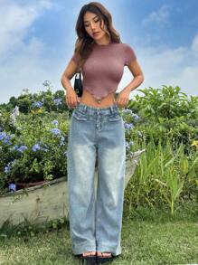SHEIN EZwear Atasan Kasual Lengan Pendek Warna Polos dengan Hiasan Renda untuk Wanita, Cocok untuk Sehari-hari - Dusty Pink - View 3