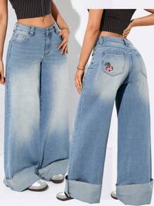 SHEIN EZwear 女式图案刺绣口袋宽松休闲牛仔裤