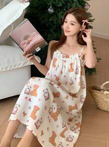 DAZY Cute Bear Pattern Full Print Loose Spaghetti Strap Nightgown Pajama - Apricot - View 8