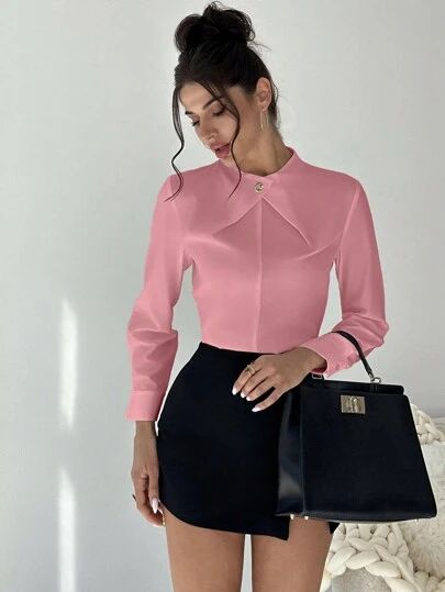 Firerie Women's Elegant Cross Neckline Metal Decor Fitted White Blouse For Work