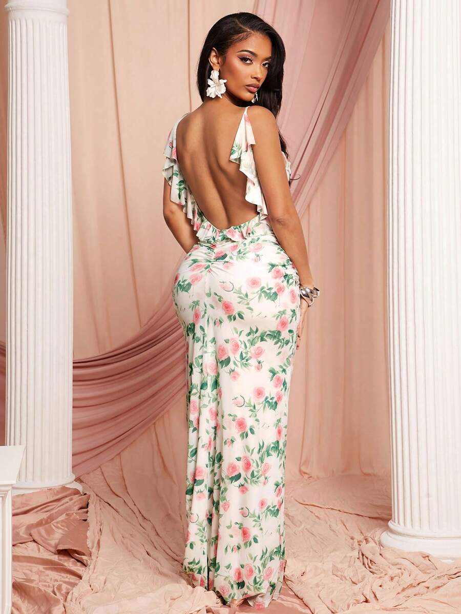 SHEIN SXY Spring And Summer New Year Wedding Season Elegant Romantic Valentine's Day Dating Essentials Light Pink Floral Print High Stretch Mesh Large Backless Detail Ruffle Trim Trim Pleated Long Dress - Multicolor - View 1