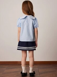 PrepCrw 少女夏季海军蓝条纹针织修身高领 T 恤 - 藍色 - 查看 2