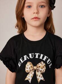 PrepCrw Young Girls' Black Butterfly & Letter Print Crew Neck Knit T-Shirt, Spring/Summer - Black - View 7