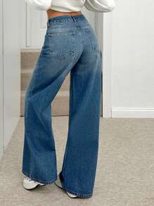 EURMUSE Women's Pocketed Wide Leg Loose Casual Jeans - Medium Wash - View 2