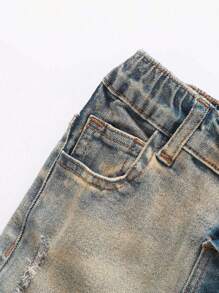 Young Boy Versatile Casual Elastic Denim Jeans, With Ripped Fray Acid Wash - Dark Wash - View 4
