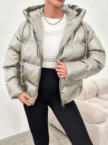 EURMUSE Women's Casual Solid Color Zipper Hooded Drawstring Padded Coat - Beige - View 1