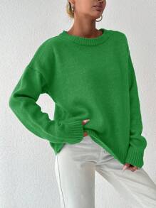 EURMUSE Women's Solid Color Drop Shoulder Sweater - Green - View 4