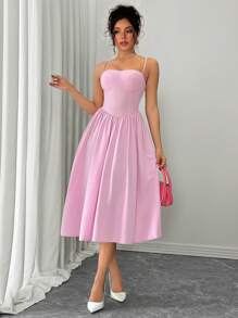 SHEIN PETITE Robe de soirée rose mi-longue évasée à la taille pour femmes, élégante et polyvalente sans manches - Rose bonbon - Voir 5