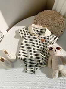 SHEIN 新生男宝宝可爱针织条纹短袖连体衣套装，夏季