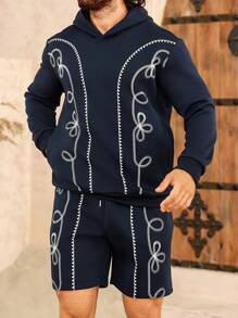 Manfinity Homme Men's Rodeo Outfit Pattern Long Sleeve Hoodie And Shorts Casual Sweatsuit Set, Autumn/Winter - Black - View 5