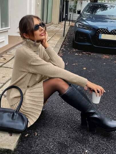 EMERY ROSE 2 件套女士休闲纯色高领蝙蝠袖毛衣和裙子套装，适合秋冬季