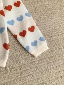 SHEIN Young Girls Loose Knit Heart Pattern Cardigan, White, Casual Spring/Summer - White - View 4