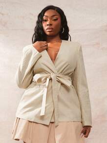 SHEIN SXY Blazer informal de unicolor de manga larga con nudo en la cintura para mujer de talla grande - Caqui - Ver 1