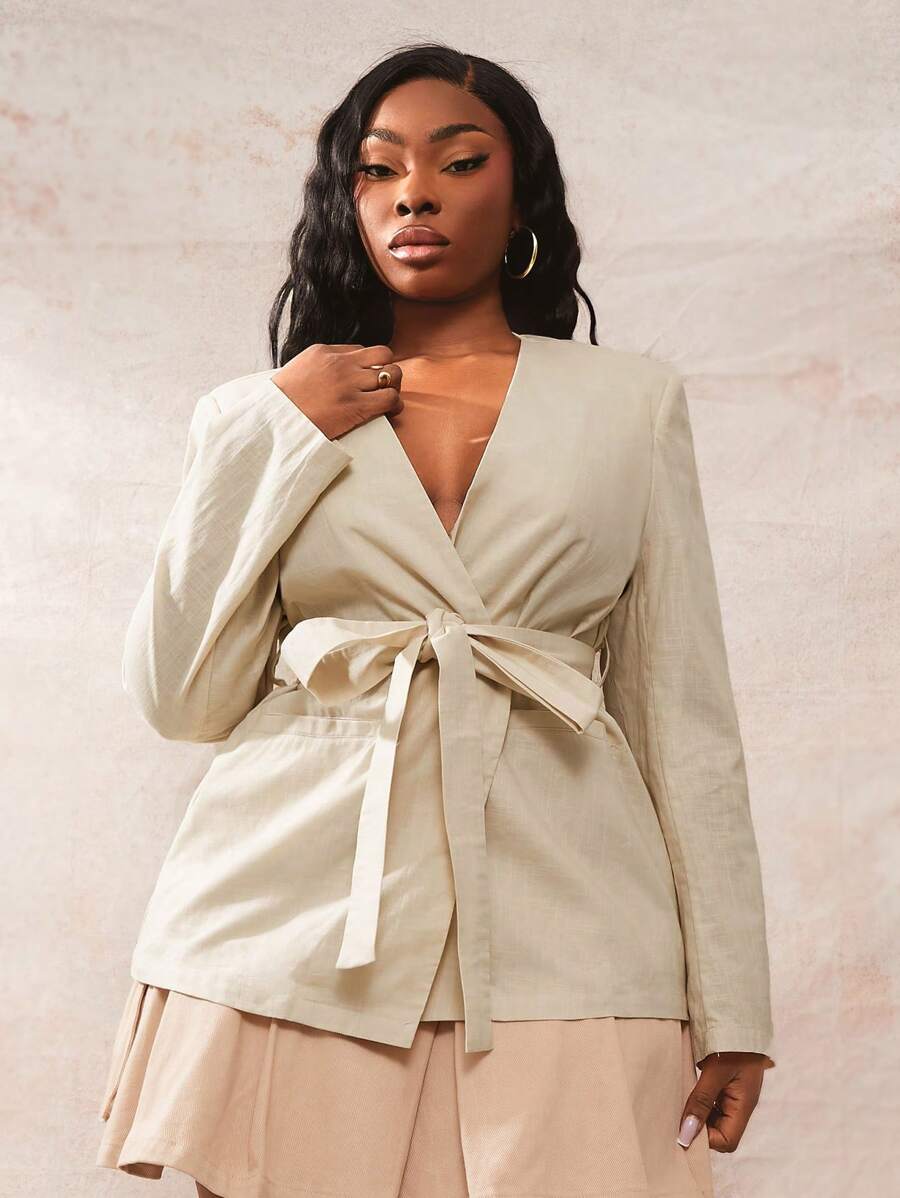 SHEIN SXY Áo khoác blazer thắt eo tay dài màu trơn cỡ lớn cho nữ - Màu Khaki - Xem 1