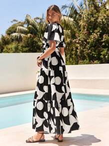 Vivid Eden Woven Geometric Print Short Sleeve Split Dress For Women,Vacation Outfits Woman, Beach Outfits For Woman, Vacation Style - Black and White - View 2