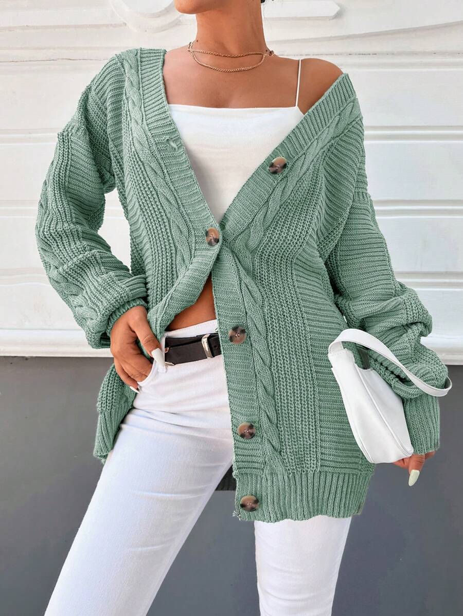 EURMUSE Cable Knit Drop Shoulder Cardigan - Green - View 1