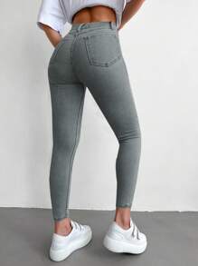 EURMUSE 96% 纯棉纯色七分紧身牛仔裤 - 灰色 - 查看 2