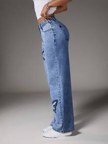 SHEIN EZwear Quần Jeans Ống Thẳng Cạp Thấp In Họa Tiết Bướm - Rửa tối - Xem 5