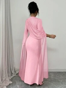 Rafferiza فستان الإطلالة الرسمية الأنيقة بخصر محشور مكشكش، كتف أسمتري، كم طويل شفاف، شق أسفل، محبوك مطاطي أحمر، فستان الحورية الطويل للخريف/الشتاء