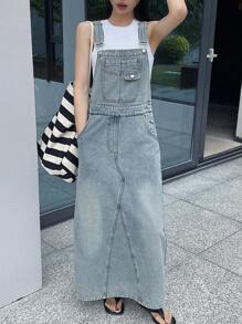 DAZY 女式宽肩带纽扣口袋休闲牛仔连衣裙 - 藍色 - 查看 1