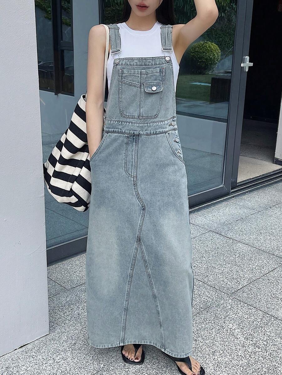 DAZY 女式宽肩带纽扣口袋休闲牛仔连衣裙 - 藍色 - 查看 1