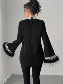 Elenzga Women's Elegant Fuzzy Rhinestone Decor Asymmetric Loose Long Sleeve Shirt - Black - View 2