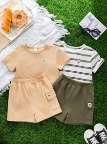 SHEIN 4 Stücke/Set buntes Baby Mädchen & Jungen Dekor-Text-Set aus Sommer Baumwoll-Strick mit Rundhalsausschnitt, Kurzarm, Drop-Shoulder und elastischer Taille Cargo Shorts, geeignet für Urlaub, Zuhause, Schule