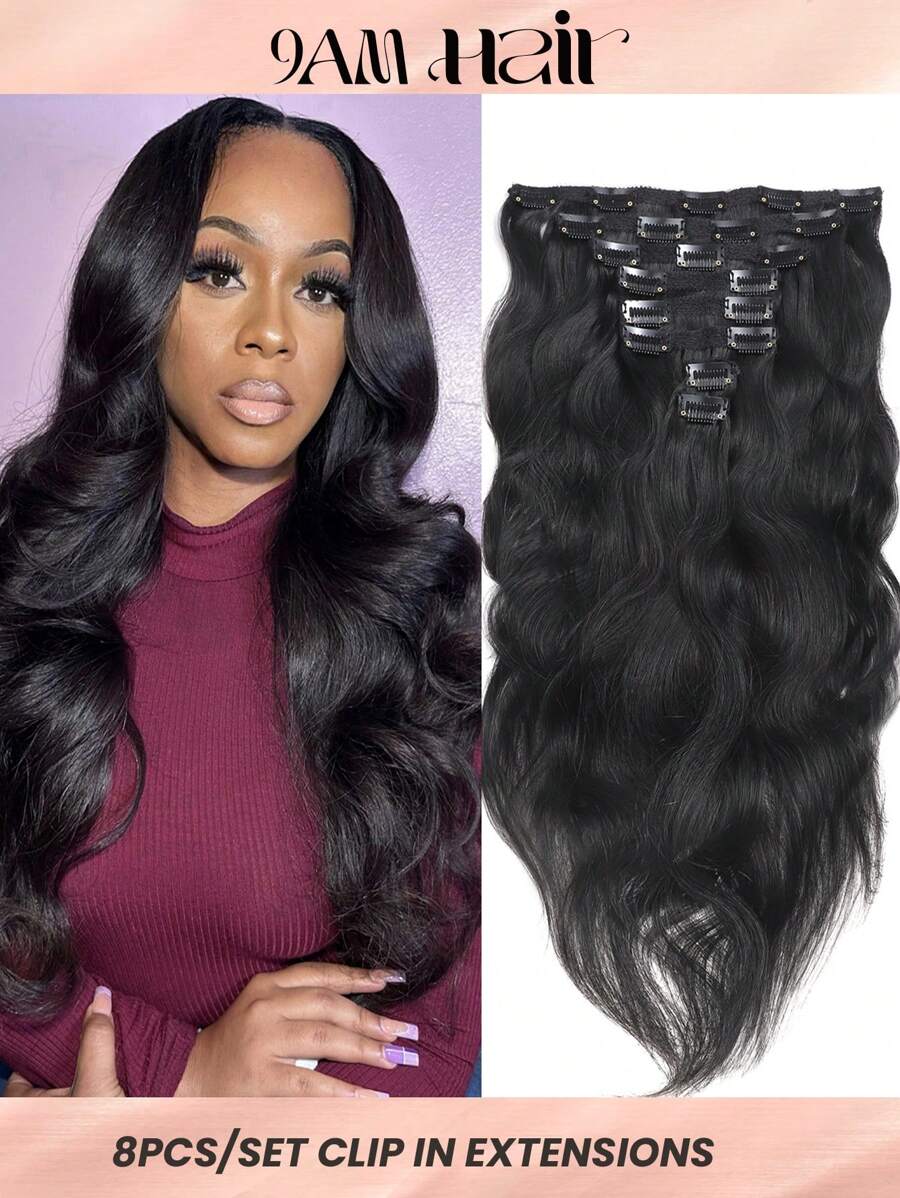 Conjunto de 8 piezas de extensiones de cabello con clip de onda natural de cabello humano, extensiones de clip recto de doble trama