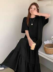 DAZY Women's Solid Color Round Neck Patchwork Mid-Length Dress - Black - View 8