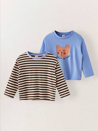THE HAPPY LOOK 男童 2 件套 - 可爱熊印花蓝色基本款 T 恤 & 棕色条纹基本款 T 恤