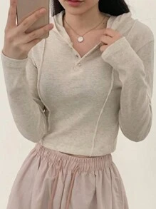 DAZY Women Front Button Long Sleeve Casual Slim Fit Hooded T-Shirt - Apricot - View 4